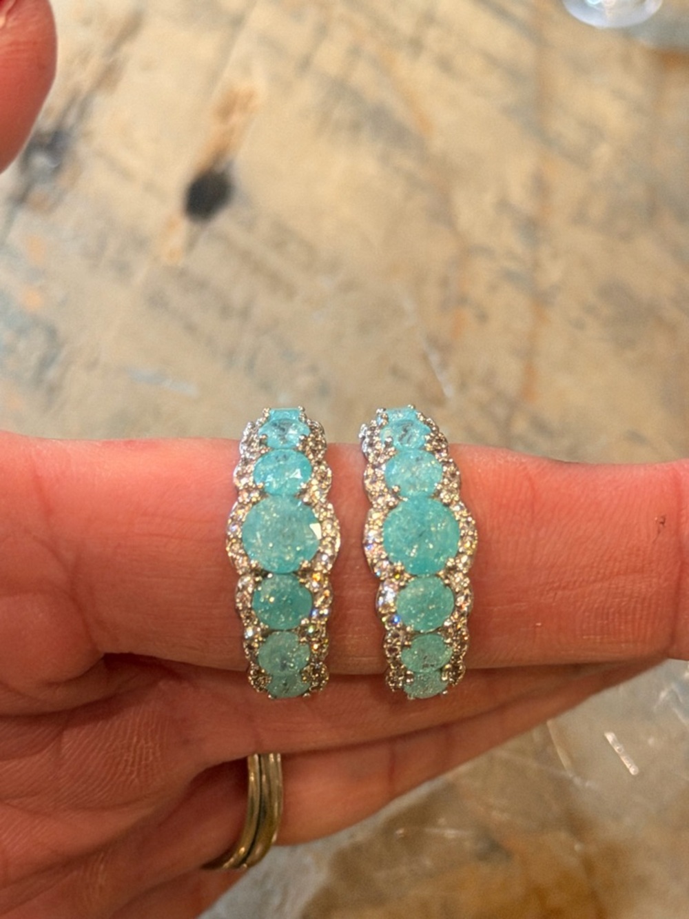 BP NWOT! Aquamarine Crystal Hoop Earrings with Silver Accents - Picture 4 of 5